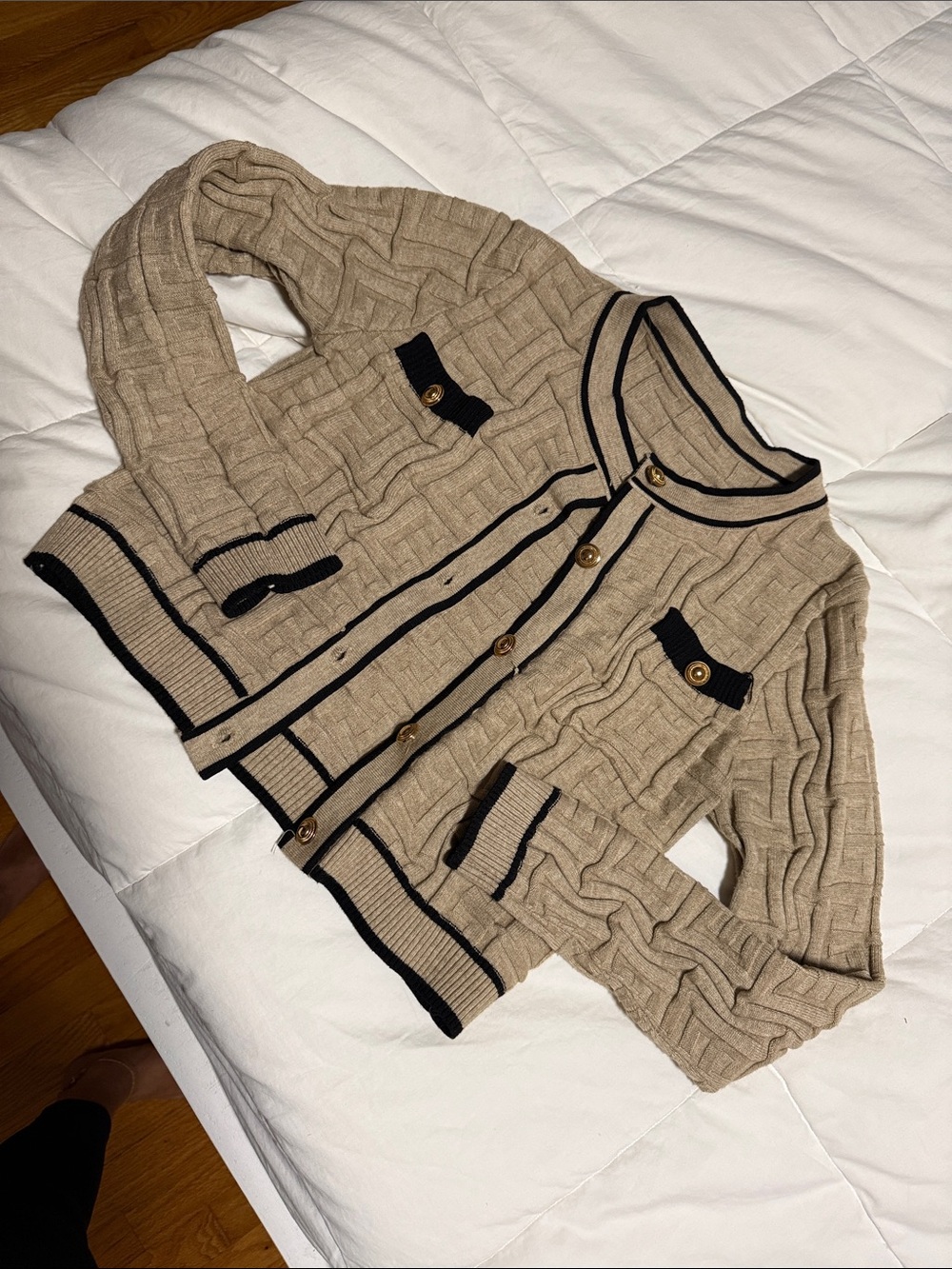 SHEIN Beige Knit Cardigan with Black Trim and Gold Buttons